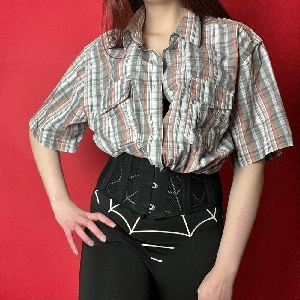 Grey and orange plaid button up shirt 🤍🧡​​​​​​​​​​​​​​​​​​​​​​​​